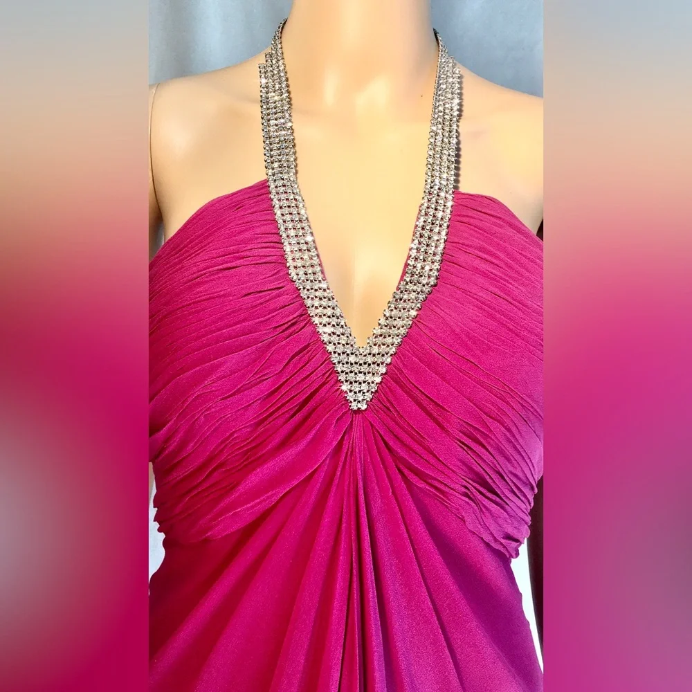 VINTAGE Pink empire waist silk maxi dress halter top deep V neck rhinestones Sz6 - Picture 3 of 14